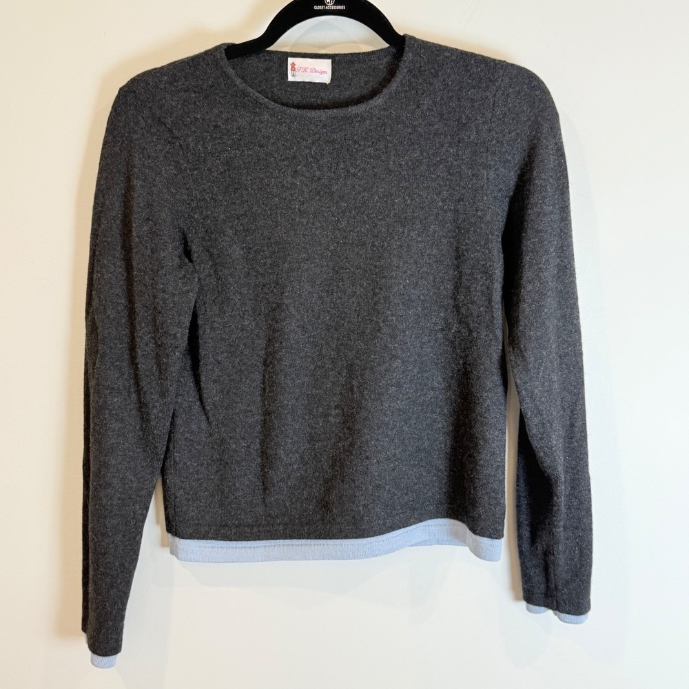 TK Designs Women's Charcoal Gray 100% Cashmere Sweater Light Blue Trim Size M